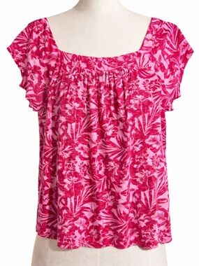 Style & Co. Hot Pink Floral Square Neck Flutter Sleeve Top size Medium
